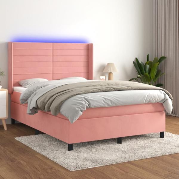 vidaXL Boxspringbett mit Matratze & LED Rosa 140x200 cm Samt 3139630