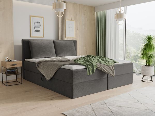 Boxspringbett Egro mit 2 Bettkästen und Zwei große Kissen - Doppelbett mit Bonell-Matratze und Topper, Polsterbett (Dunkelgrau (Kronos 22), 160 x 200 cm)
