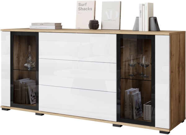 Kommode Clarkoy SB 150 2D3S (Farbe: Wotan / Weiß Hochglanz, ohne Beleuchtung)