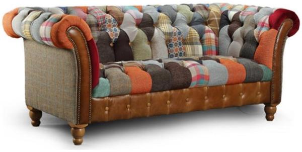 Casa Padrino Luxus Chesterfield 2er Sofa Mehrfarbig / Grau / Braun 200x95 x H. 85 cm - Wohnzimmer Sofa mit Echtleder - Chesterfield Wohnzimmer Möbel