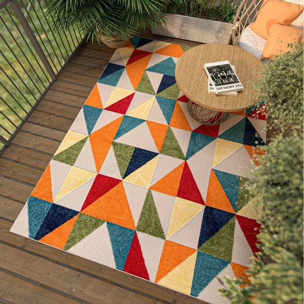 Mazovia Designteppich In- & Outdoor Teppich Wetterfest & UV-beständig Balkon - Bunt, 80 x 150 cm, Höhe 6 mm, Kurzflor, Weich, Pflegeleicht, Flachgewebe