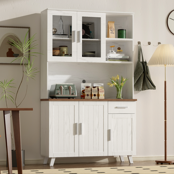 Hochschrank 114x40x190 cm in Weiß und Holzoptik – rustikaler Stauraum für Wohnzimmer und Esszimmer