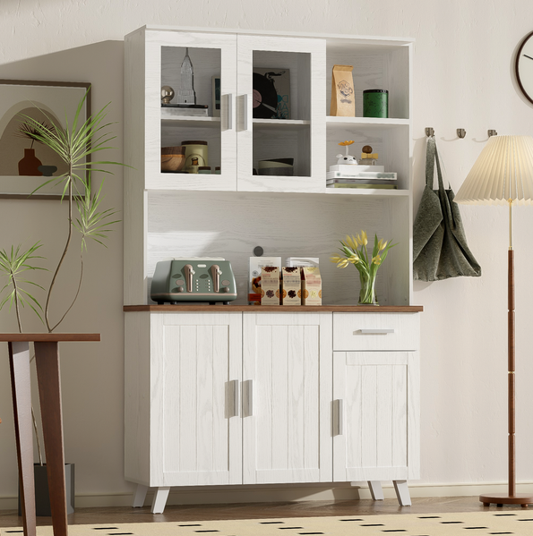 Hochschrank 114x40x190 cm in Weiß und Holzoptik – rustikaler Stauraum für Wohnzimmer und Esszimmer