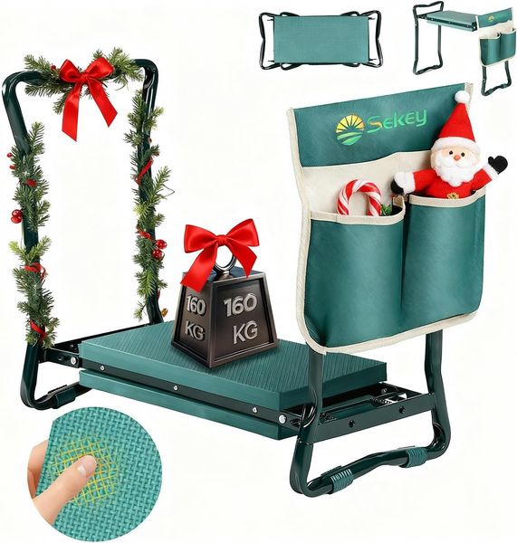 Sekey Höhenverstellbare Kniebank für Gartenarbeit Belastbarkeit 160KG, Gartenhocker Klappbar mit Werkzeugtaschen, Kniehilfe für Gartenarbeiten 60 * 50 * 28 cm, Grün (Standard)