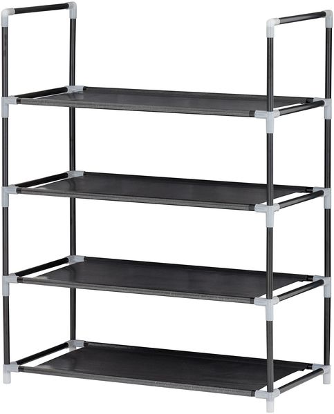 Baroni Home Platzsparender Schuhschrank aus Vliesstoff mit 4 Ebene, Schuh-Organizer mit Eisengestell, Schuhaufbewahrung für Flur, Kabine, Schlaf- und Wohnzimmer, Schwarz, 57 x 28 x 72 cm (4 Regale)