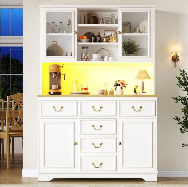 Flieks Küchenbuffet mit Steckdosen, LED-Beleuchtung und Arbeitsplatte in Holzoptik Natur (1-St, B118/T40/H180 cm) Hochschrank Küchenschrank Geschirrschrank mit verstellbare Ablagen