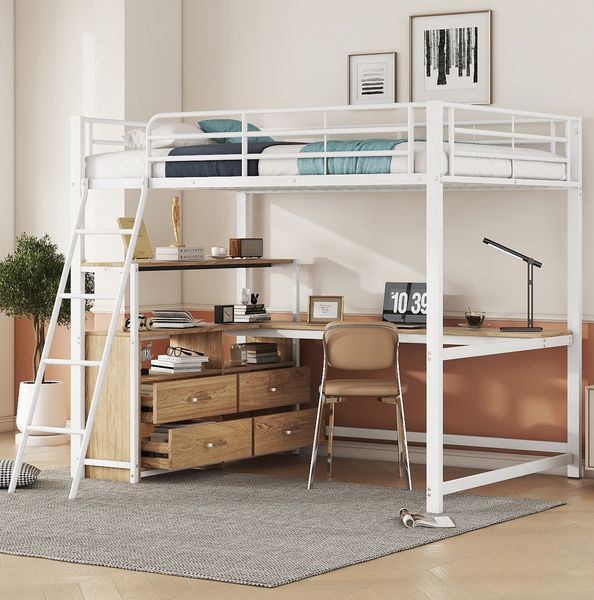 Hochbett 140x200 cm mit L-förmigem Schreibtisch und Schubladen – Metall & MDF in Weiß