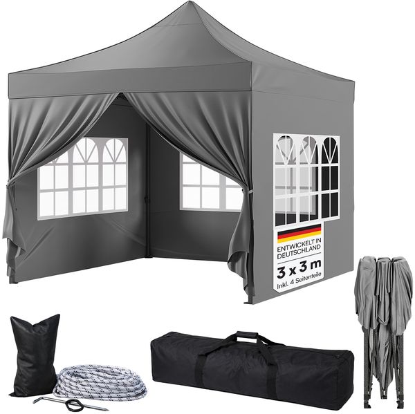 STEELSØN 'Rynara' Premium Pavillon 3x3 m, grau, wasserdicht, stabil und UV-beständig, Faltpavillon 3-fach höhenverstellbar, Gartenpavillon mit 4 Seitenteilen, Pop Up Pavillon inkl. Tragetasche