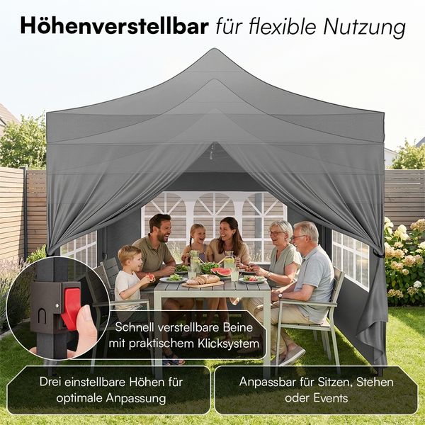 STEELSØN 'Rynara' Pavillon 3x3 m, grau, wasserdicht, stabil und UV-beständig, Faltpavillon 3-fach höhenverstellbar, Gartenpavillon mit 4 Seitenteilen, Pop Up Pavillon inkl. Tragetasche Bild 3