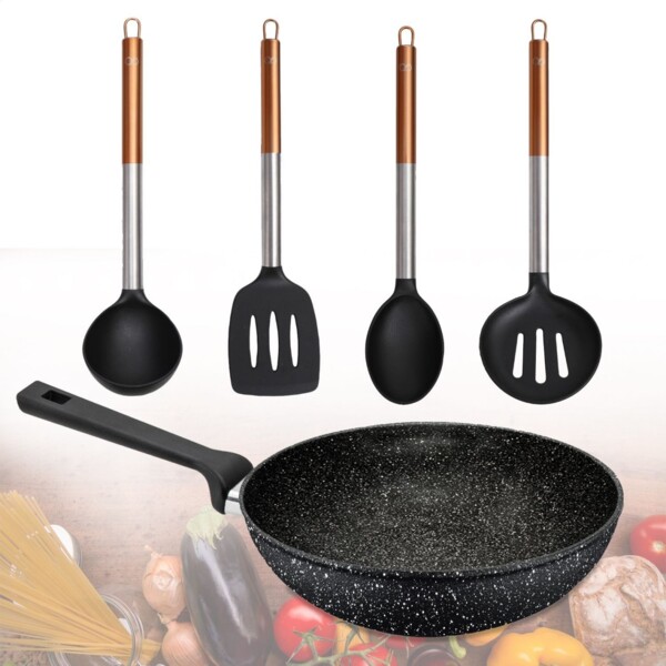 Wokpfanne 28 cm Kochbesteck 5er Set Küchenhelfer Induktion Bratpfanne Wok