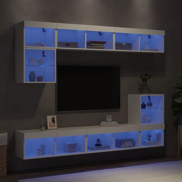 8-tlg. Wohnwand, Schrankwand Wohnzimmer mit LED-Beleuchtung Weiß Holzwerkstoff