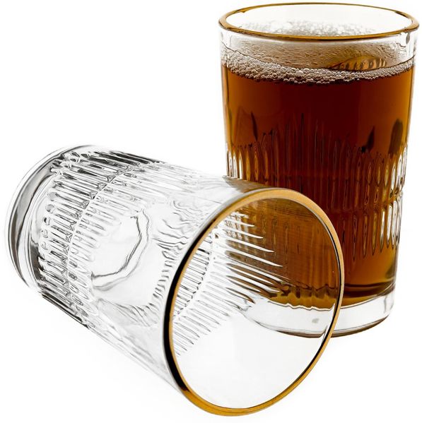Gläser-Set mit Riffle-Design- 12 teilige Wassergläser mit Goldumrandung 150 ml