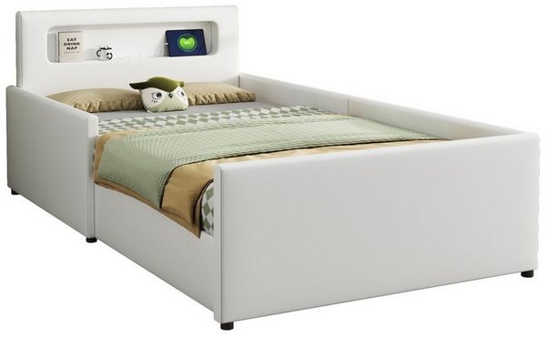 Flieks Polsterbett, Kinderbett 90x200cm mit Schublade, Nachtlicht und USB-Ladeanschluss