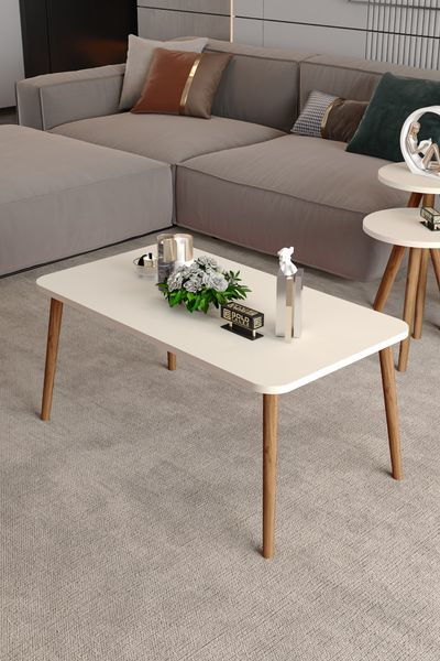Couchtisch mit Holzbeinen 90 x 50 cm Spanplatte Beige 89321730 [en. casa]