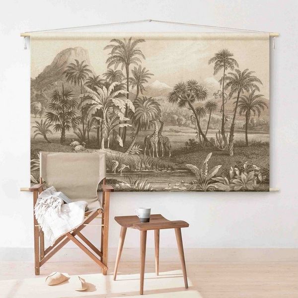 Bilderdepot24 Wandteppich modern Wald Tropisch Natur Vintage Tiere Vögel beige, rechteckig, Höhe: 2.6 mm, großes Wandbild aus Natur-Baumwolle Wandbehang Stoffbild Tuch Wollseil
