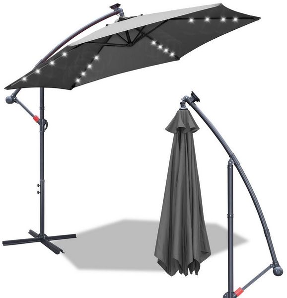 Clanmacy Sonnenschirm Sonnenschirm 350 cm Kurbel Ampelschirm mit LED & Windsicherung Grau