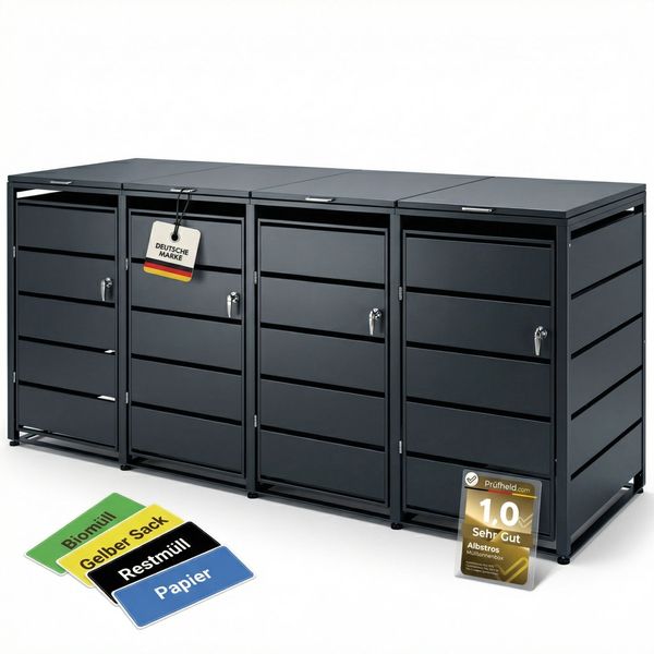Albatros Mülltonnenbox 4er Tonne | bis 240 Liter | Anthrazitgrau RAL 7016 | verzinkter Stahl | Premium Dämpfer| Aufkleber-Set | wetterfest| verstellbare Füße| Türgriff mit Schloss | Gartenbox | entwickelt in Deutschland