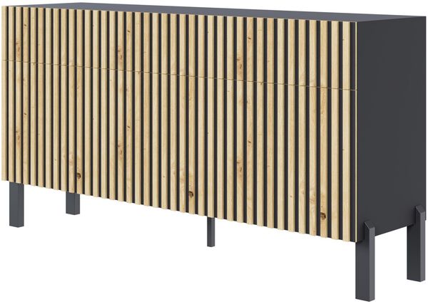 Selsey ‘Telire’ Sideboard 3-türig mit drei Schubladen und Lamellenfront, 154 cm – Schwarz / Eiche Artisan