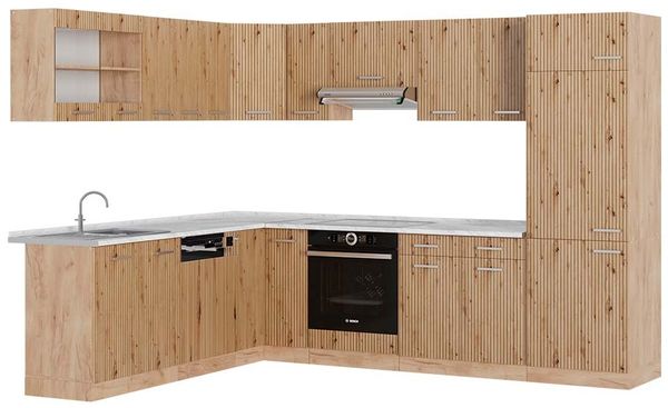 Eckküche R-Line Artisan-Eiche/Goldkraft Eiche 287 x 60 cm , AP Marmor Vicco