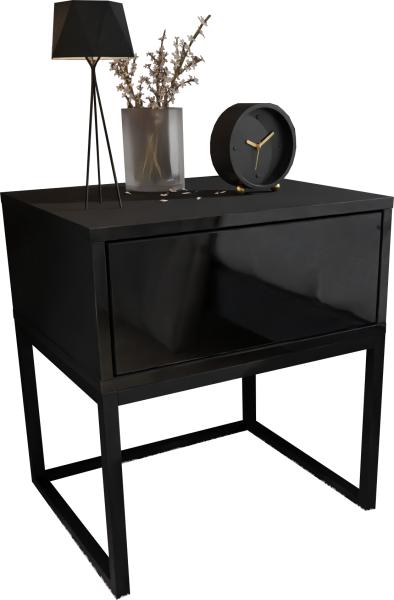 Domando Nachttisch Corvara Modern für Schlafzimmer Breite 45cm, schwarzes Metallgestell, Push-to-open-System in Schwarz Matt und Schwarz Hochglanz