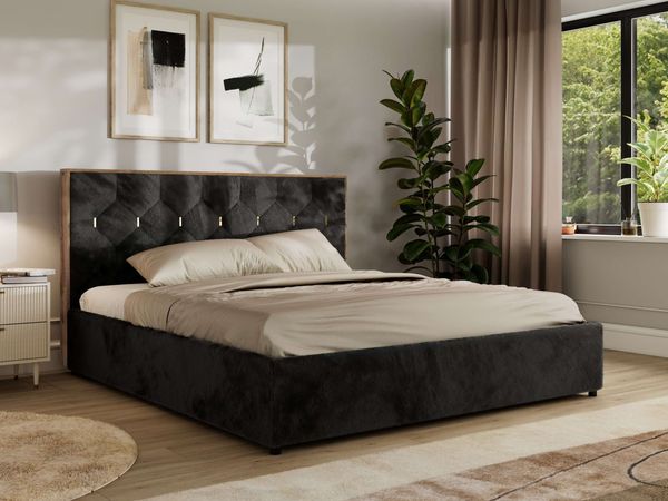 Polsterbett mit Bettkasten LARINO CLASSIC 140 x 200 cm Lattenrost und Gasdruckfedern, stabiles Bettgestell, modernes Design Pocket Matratze - Schwarz Plüsch - VIRE LUX