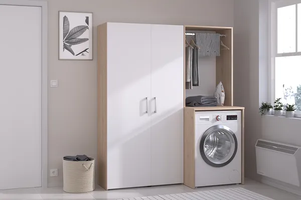 Vente-unique - ERKANO Waschküche Holz, Platte BeigeWeiß - B 65,8 cm x H 184,4 cm x L 156 cm
