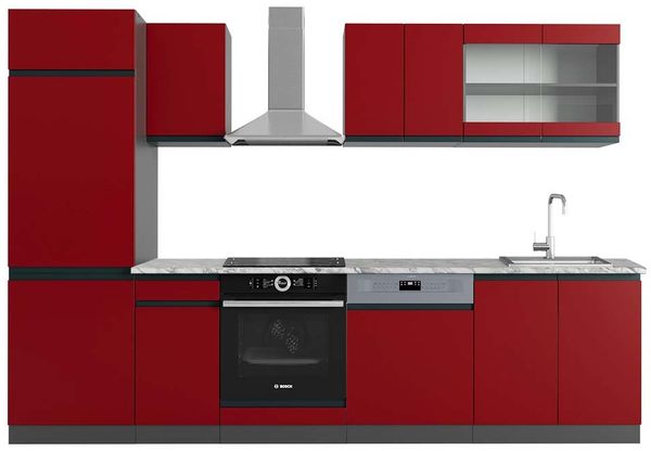 Küchenzeile R-Line Rot/Anthrazit 300 cm J-Shape, AP Marmor Vicco