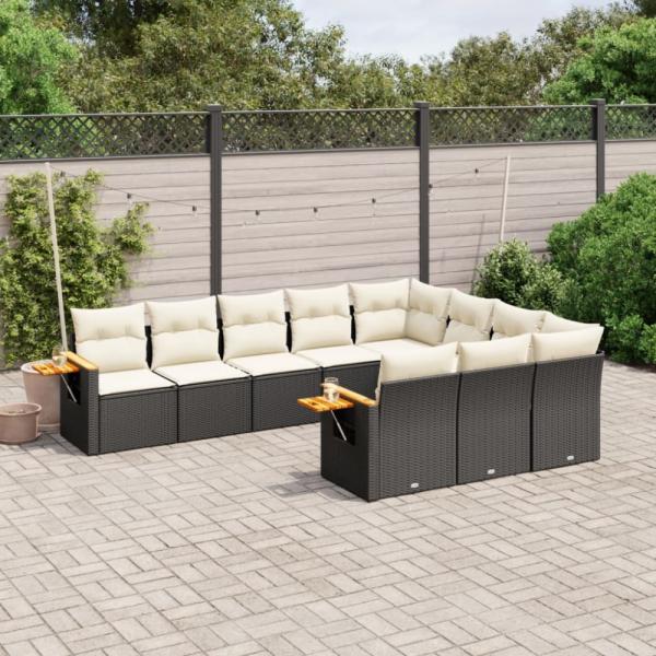 vidaXL 10-tlg. Garten-Sofagarnitur mit Kissen Schwarz Poly Rattan 3227176