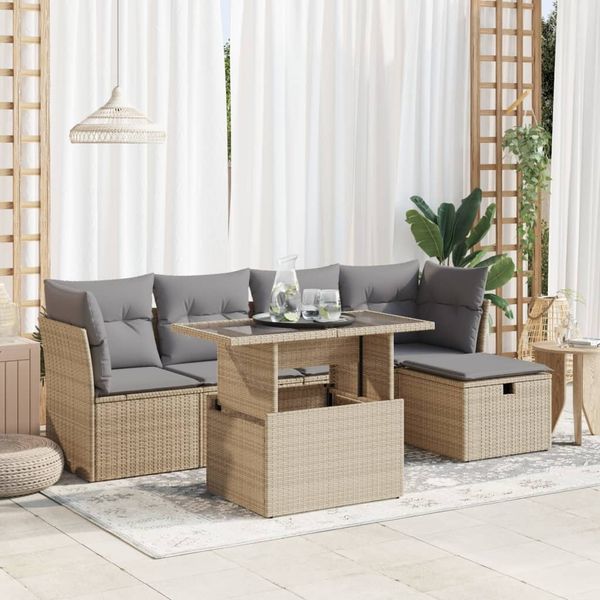 vidaXL 6-tlg. Garten-Sofagarnitur mit Kissen Beige Poly Rattan 3326140