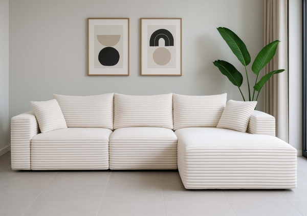 Sofa-Garnitur HWC-P20, 3-Sitzer Couch Loungesofa, Stoff/Textil Cord (370 g/m²) Liegefläche rechts ~ weiß