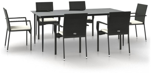 vidaXL 7-tlg. Garten-Essgruppe mit Kissen Schwarz Poly Rattan 3185123