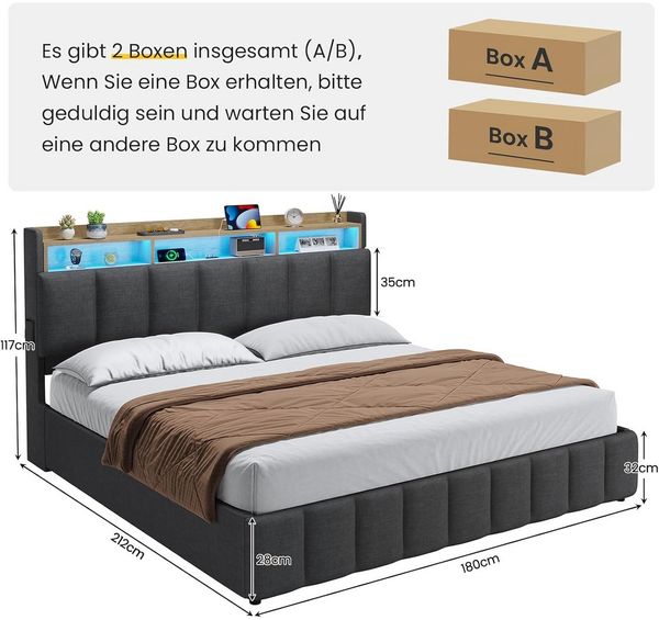 KIMENICH Polsterbett mit LED Beleuchtung und Ladefunktion (1-tlg, Ohne Matratze), Jugendbett Hydraulisches Stauraumbett, 180x200 cm