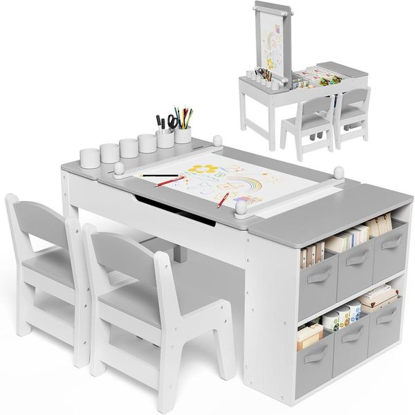 TLGREEN Kindertisch Höhenverstellbarer Kindertisch Set mit 2 Stühlen (Kindermaltisch mit Papierrolle und Stauraum), Wasserdichtes Kindertisch für Malen/Lernen/Essen(ab 3 Jahre)