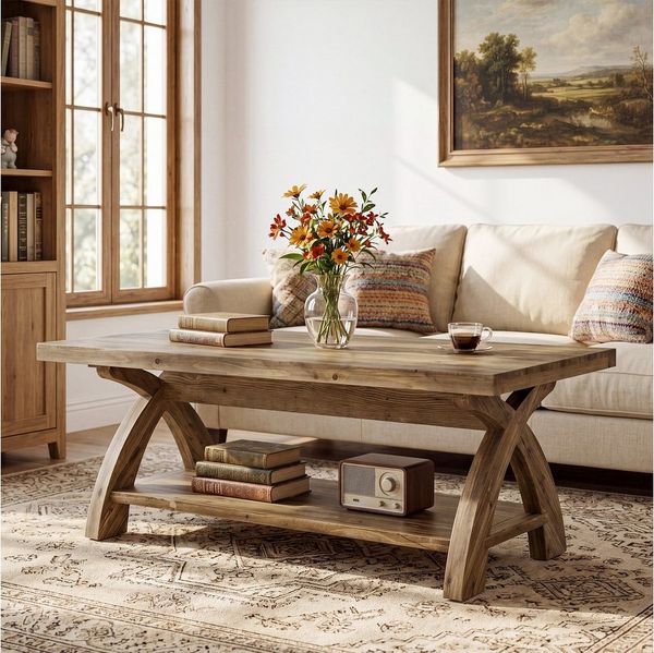 Tribesigns Couchtisch aus Massivholz mit Ablagefach, rechteckiger Beistelltisch (Cocktailtisch im Industriestil), Wohnzimmertisch im Landhausstil mit X-förmigen Beinen