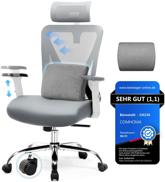 COMHOMA Bürostuhl Ergonomisch [TESTSIEGER], Schreibtischstuhl mit 3D-Kopfstütze & 3D-Lendenwirbelstütze, verstellbare Armlehnen, Office Chair mit Wipp- und Kippfunktion, Grau
