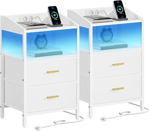 Nachttisch 2er Set, mit LED-Leuchten und Ladestation, Beistelltisch mit 2 Stoff-Schubladen und Regalen, mit USB-Anschlüssen & Steckdosen, für Schlafzimmer, Wohnzimmer, Weiß Bild 2
