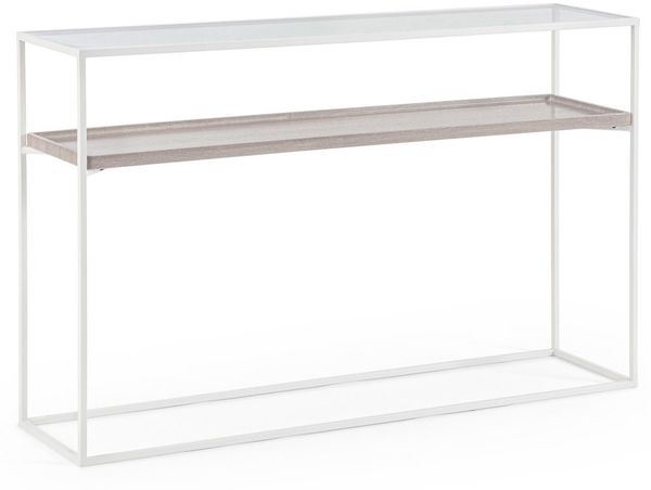 Konsole Leraulo aus Metall und Glas, modern, Weiß, 120 cm Breite, elegantes Design