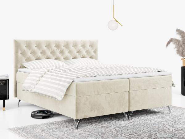 Boxspringbett mit Kopfteil und Topper, Polsterbett - GRIMALDI - 180 x 200 cm - Beige Velvet - H4