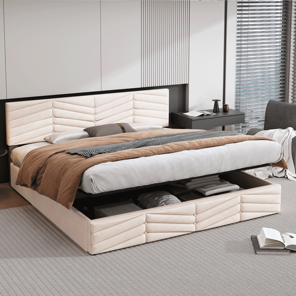 Polsterbett 160x200 cm, Samt, mit hydraulischem Bettkasten und höhenverstellbarem Kopfteil, Beige