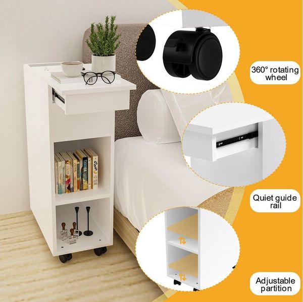 JEOBEST Nachttisch Nachtschrank mit Abschließbare Rollen, (1-St) Schmal, Beistelltisch mit Schublade und Ablage