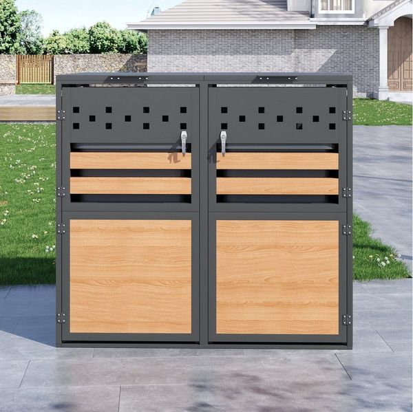 OKWISH Mülltonnenbox mit Klappdeckel,trash storage compartments,Abschließbar (Set, 2 St, horizontale Holzmaserungspaneele, ohne Mülltonne), Zwei Türen,Rautenförmige Ausschnitte