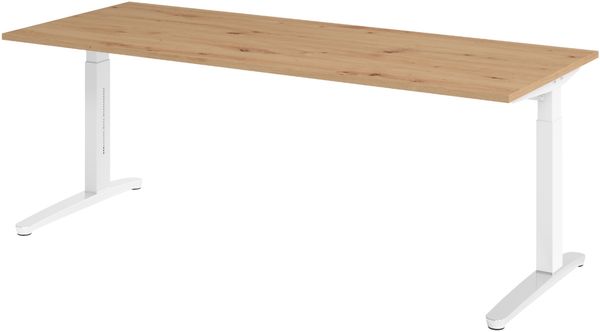 bümö manuell höhenverstellbarer Schreibtisch 200x80 in Asteiche, Gestell in weiß/alu - PC Tisch höhenverstellbar & groß, höhenverstellbarer Tisch Büro, großer Computertisch verstellbar, X20-R-WC