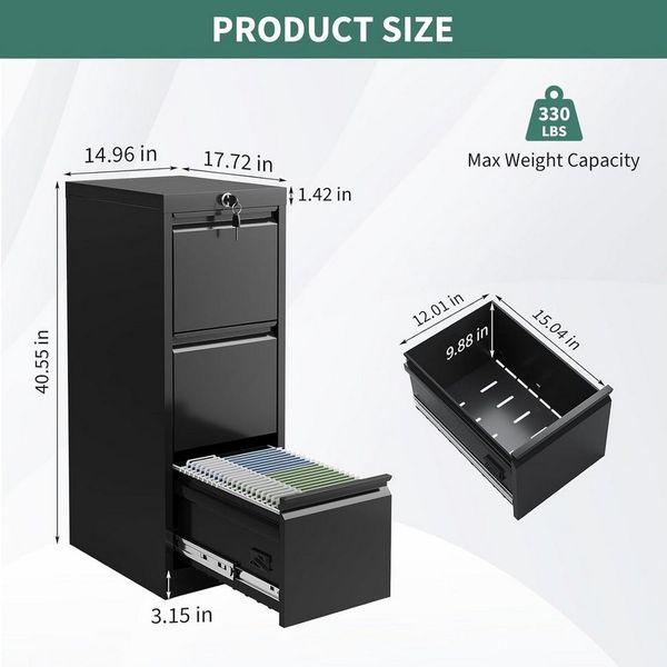 GarveeMore Aktenschrank Vertikaler Metall Aktenschrank mit 3Schubladen und Schloss,103x45x38CM für Dokumente im Format Letter/Legal/A4/F4,Stauraum-Organizer Stahl