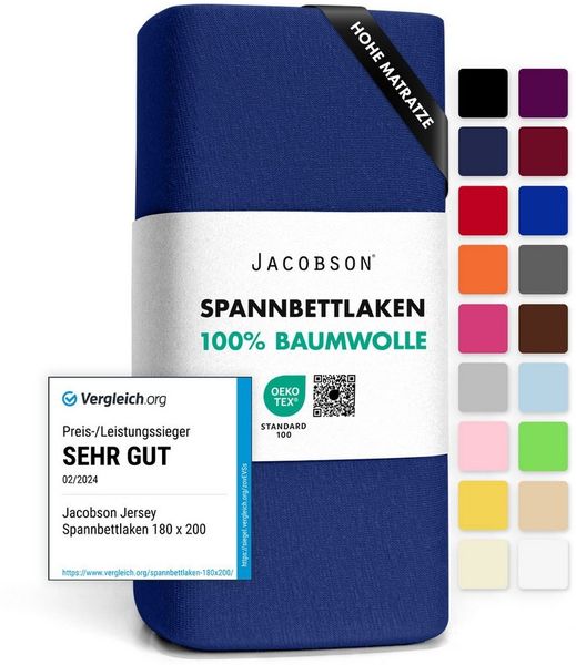 Jacobson Spannbettlaken BOXSPRING & ÜBERLÄNGE aus 100% Baumwolle, für hohe & lange Matratzen, Jersey Bettlaken 160 g/m²