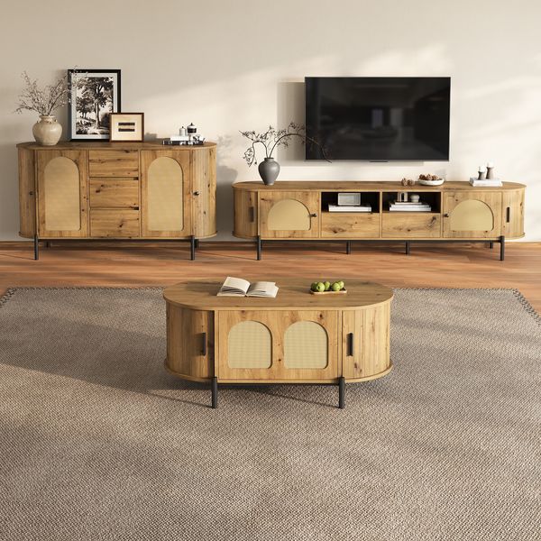 Merax 3-teiliges Wohnzimmerset, Couchtisch, TV-Schrank, Sideboard, Schiebetüren, Rattan-Optik, Holzoptik, Metallfüße, Stauraum, Natur