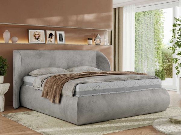Polsterbett mit Lattenrost, Doppelbett Bettkasten, Bettgestell mit Gasdruckfeder Pocket Matratze - CAELA CLASSIC - 160 x 200 cm - Hellgrau Velvet - VIRE LUX