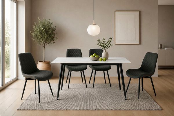 OTTO home Essgruppe Juniper, Set, 5-tlg, (Set, 5-tlg, 4 Stühle + 1 Esstisch), Tisch 140x80cm in Sinterstein-Keramikoptik mit 4 Stühlen, 360° drehbar