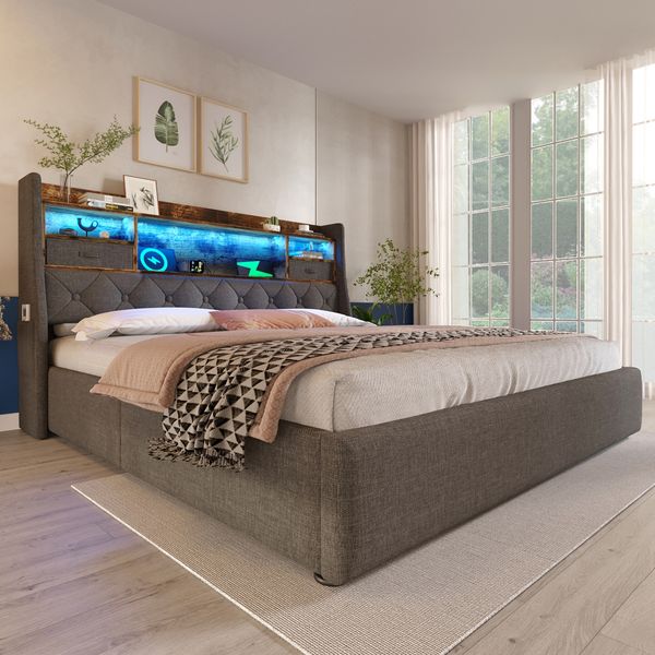 Polsterbett 160x200 cm mit hydraulischem Stauraum und LED-Kopfteil – graues Leinen