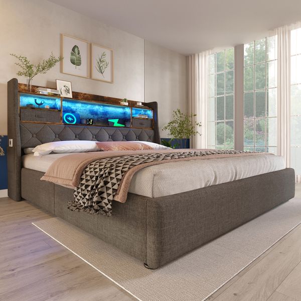 Polsterbett 160x200 cm mit hydraulischem Stauraum und LED-Kopfteil – graues Leinen