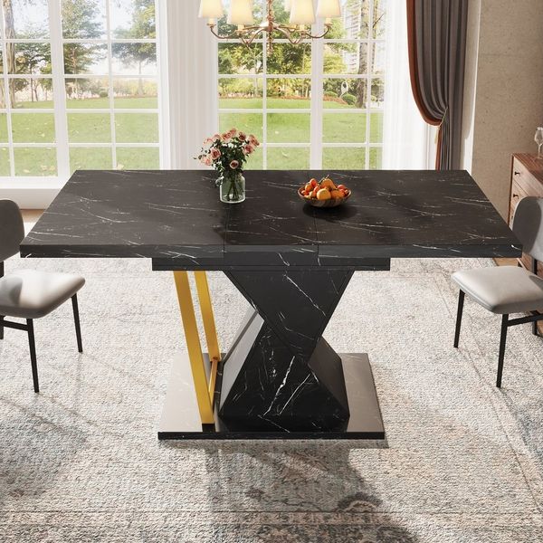 STILVORA Esstisch mit Marmoroptik-platte,Küchentisch Wohnzimmertisch ausziehbar,schwarz (Ausziehbarer Esstisch 110-140 cm, MDF mit Marmoroptik, 1-St, Aufgeklappt:110x80x76cm Zusammengeklappt:140x80x76cm)